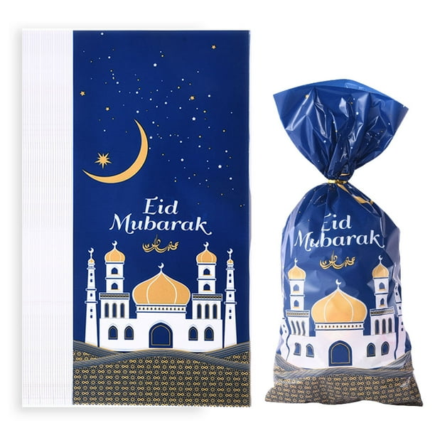 PEUTIER 100 Bolsas De Regalo Eid Mubarak Con Lazos Dorados, 4 Estilos De Plástico Eid Mubarak Bolsas De Regalo, Bolsas De Regalo De Dulces, Bolsas De Ramadán Mubarak, Bolsas De Regalo