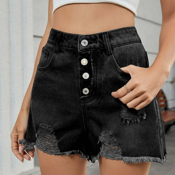 Rezuofi 1 Pcs Jean Shorts Womens High Waisted Stretchy Mom Two Buttons Frayed Raw Hem Ripped Denim Shorts Distressed Clearance