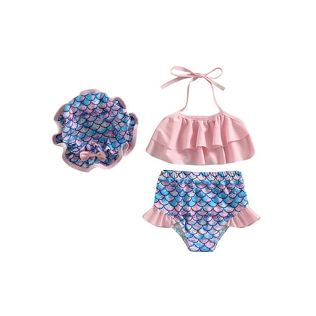 

Wassery Toddler Kids Girls 3pcs Swimwear Watermelon Print Sleeveless Hanging Neck Tank Tops Beach Pool Shorts Swimwear with Hat