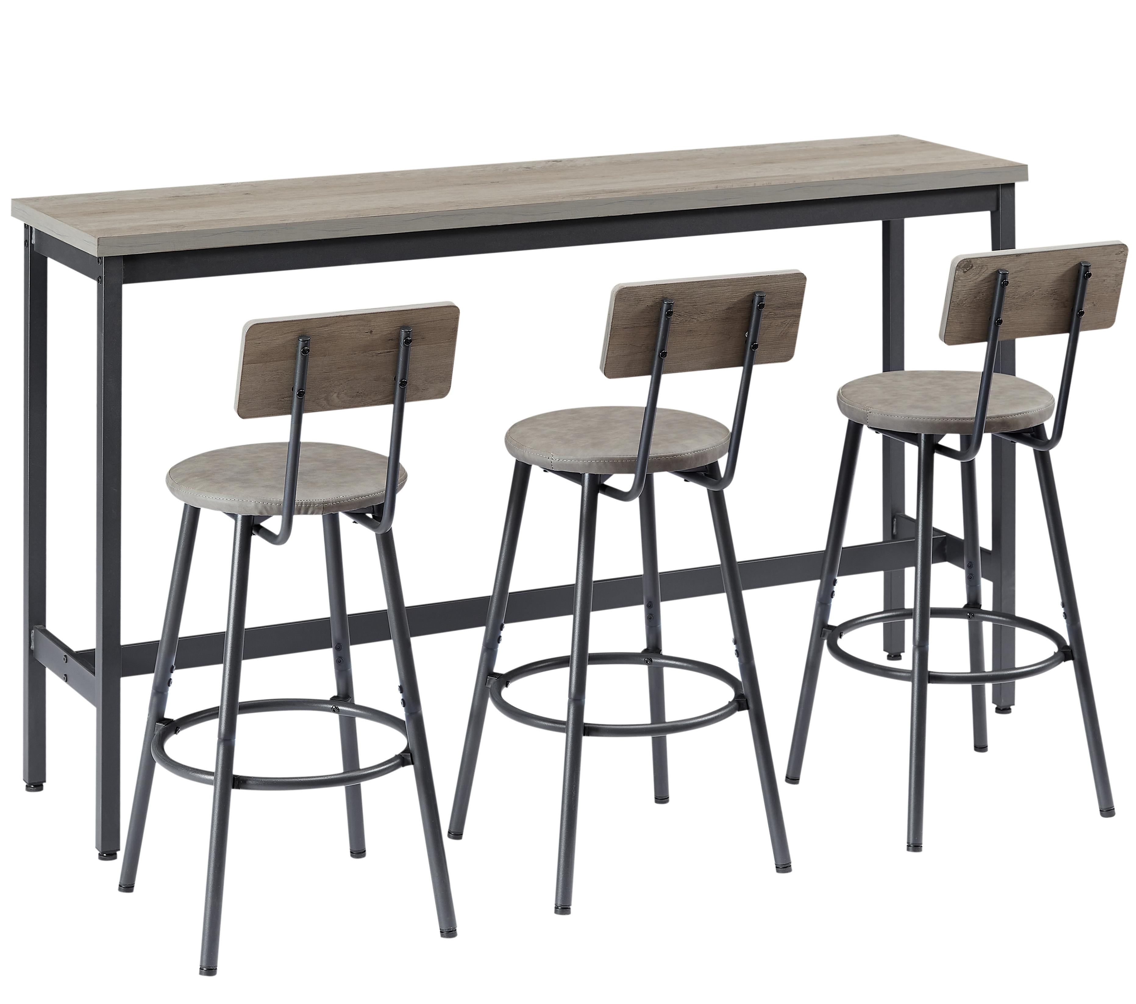 Long Bar Table Set with 3 PU Upholstered Stools, Industrial Bar Chairs for Kitchen Breakfast Table,Living Room,Banquet Hall, Rustic Gray, 63″L x15.7 W x 37.5" H