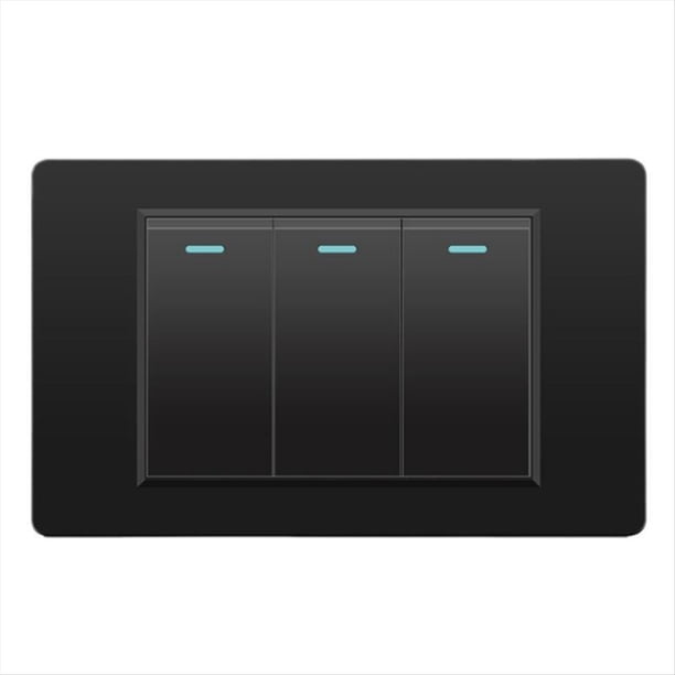 Interruptores Eléctricos de Pared, Interruptor de Luz de 3 Posiciones, Panel de Vidrio Templado de 118 mm X 74 mm, Interruptor de Botón Mecánico, Color Negro.