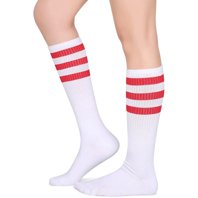Chaussettes Tube Rétro en Coton à Triple Rayures Classiques au-Dessus du Mollet pour Hommes et Femmes-Rouge/blanc