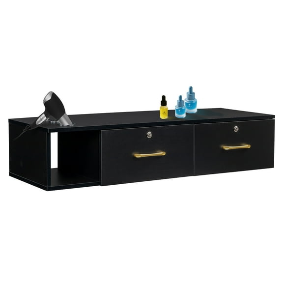 Zimtown Wall Mount Salon Station w/ Lockable Drawers, 3 Hair Dryer Holders, Black