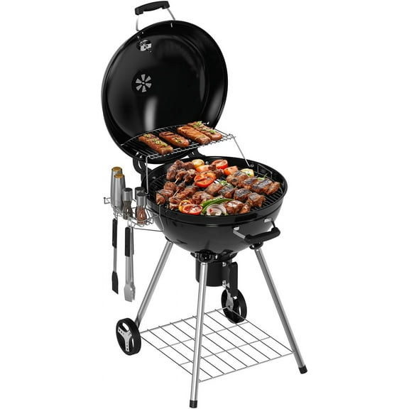 Brezey 18 inch Charcoal Grill, Portable Kettle Barbecue Grills,Durable & Easy to Assemble, Round Smoker/BBQ Grill with Wheels for Backyard, Camping, Patio and Beach, Black