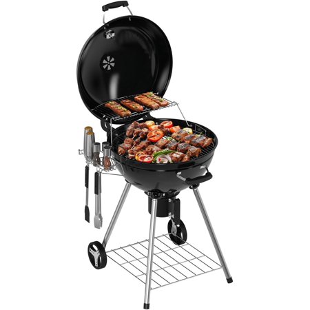 22 Inch Premium Charcoal Grill In Classic Black With 2-Tier Cooking Space