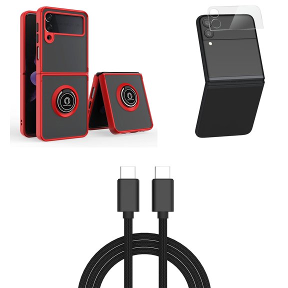 Bemz Accessory Bundle for Samsung Galaxy Z Flip 3: Magnetic Mount Ring Stand Transparent Hybrid Case (Red), Premium Glass Lens Protectors (2-Pack), PD Power Delivery USB-C to USB-C Cable (3 Feet)