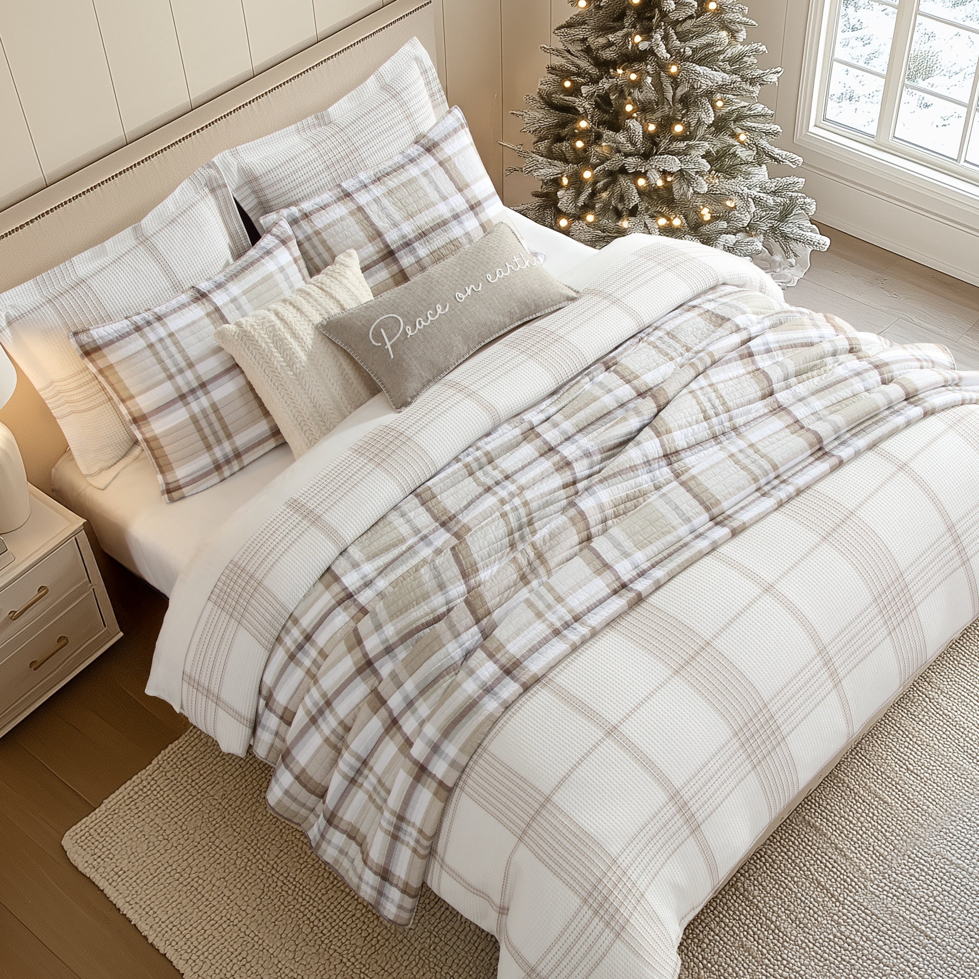 Levtex Home - Waffle Plaid Duvet Cover Set - Full/Queen Duvet (90x94in.) and 2 Standard Shams (20x26in) - Plaid Waffle - Cream/Taupe - Reversible - Cotton