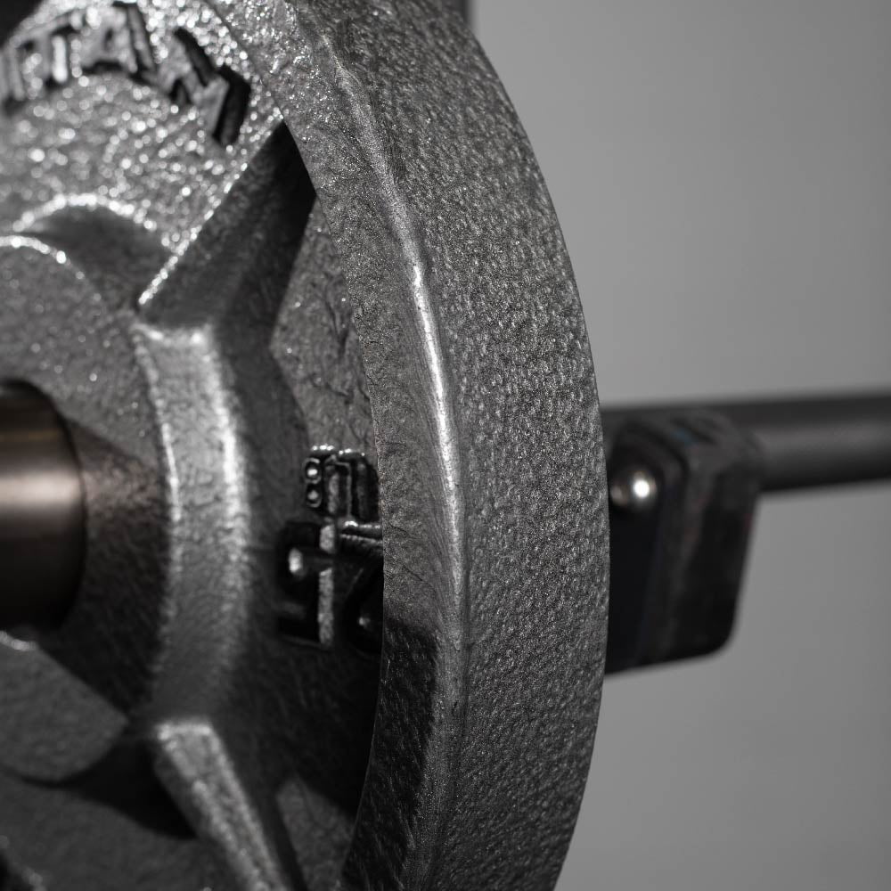 Titan Fitness 25 LB Cast Iron Olympic Plates, Sold In Pairs, Classic Weight Plate Design, Silver Hammer Finish