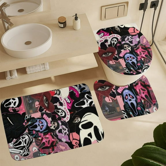 Ghostface Bathroom Rug Set 3 Halloween Bath Mats Coral Velvet Cover Floor Mat U-Shaped Shower Mat Toilet Lid Cover 16x24inch