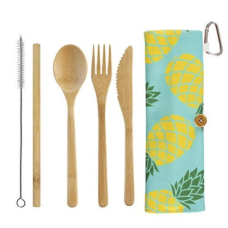 

Totally Bamboo Take Along Reusable Utensil Set with Blue Pineapple Style Travel Case Includes Bamboo Spoon Fork Knife and Drinking Straw Dishwasher Safe