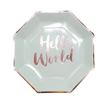 Rose Gold Hello World Baby Shower Plates  9" Mint Hexagon Plates | 8-Pack for Gender Reveal Party