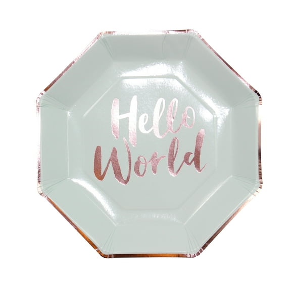 Rose Gold Hello World Baby Shower Plates  9" Mint Hexagon Plates | 8-Pack for Gender Reveal Party