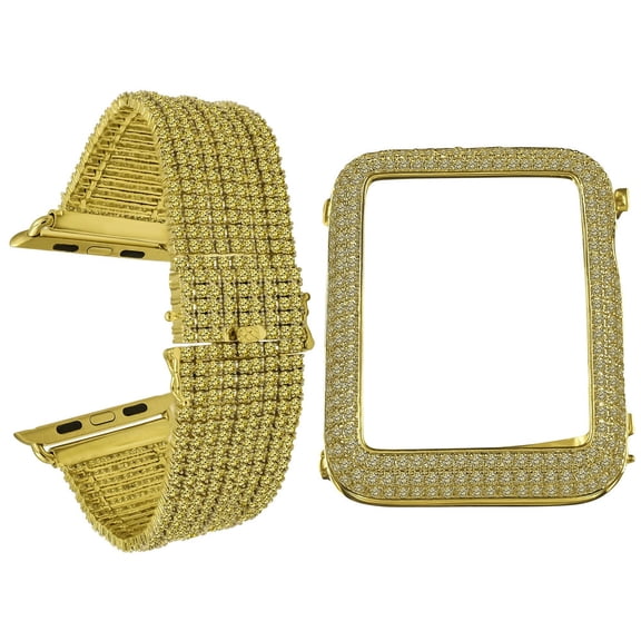 Canary Gold Tone Apple Watch Series # 4 Custom Bezel Insert Cover Case Iced Out 9 Row Simulated Diamonds Bracelet Band