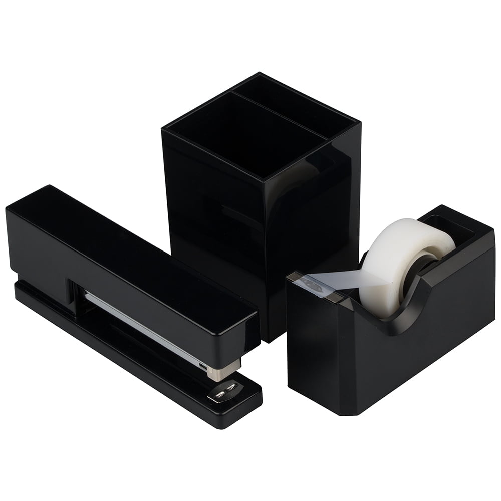 JAM Desk Trio Pack, Black, Stapler, Tape Dispenser & Pen Holder, 3/Pack