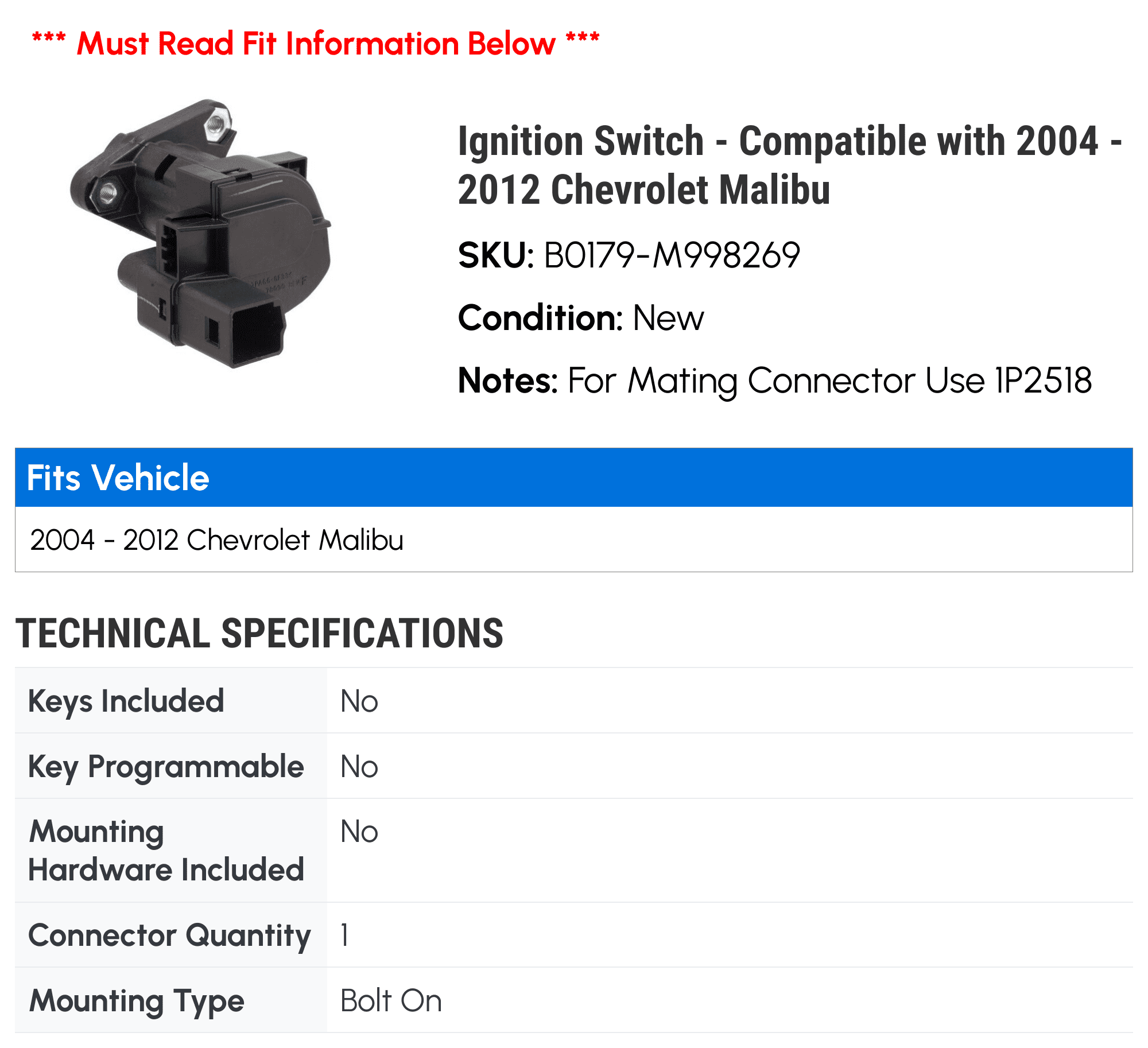 Ignition Switch - Compatible with 2004 - 2012 Chevy Malibu 2005 2006 2007 2008 2009 2010 2011