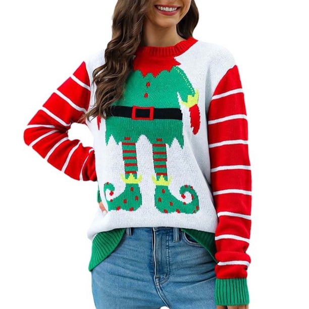 Gibobby Temperamento Suelto Top de Manga Larga Suéter navideño de Papá Noel Jacquard para mujer, de manga larga con animados, prendas de punto con bloques de color (Blanco, S)