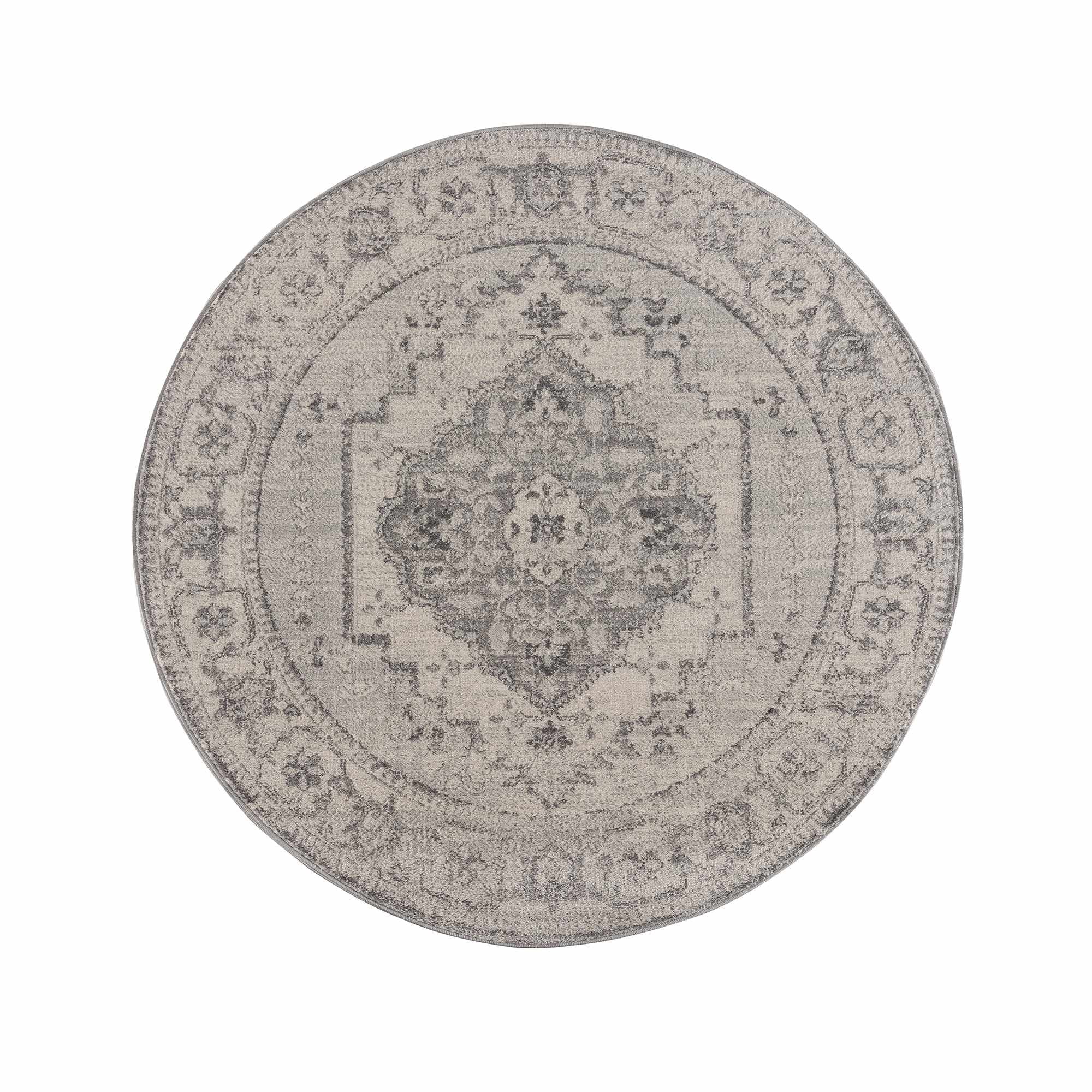 Hauteloom Neutral Collection Tacik Oriental Farmhouse Living Room Bedroom Round Under Table Area Rug - Vintage Distressed - Boho Chic Medallion Pattern - Ivory, Beige, Gray - 5'3" Circle/Circular