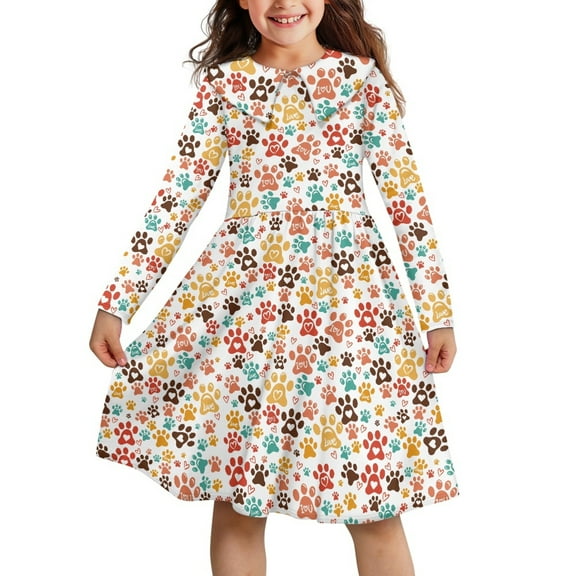 DISNIMO Colorful Paw Print Dress for Girls Heart Dress Kids Long Sleeve Dresses Girls 3-4 Dress Children Girls Dresses Fall Girls Dresses Midi Length Dress for Kids Swing Dress GirlsDresses
