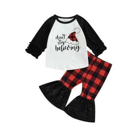

xingqing 1-4Y Christmas Toddler Baby Girls Pants Outfits Santa Letter Long Sleeve Shirt Plaid Flare Pants Fall Winter Clothes Set Red Black 6-12 Months
