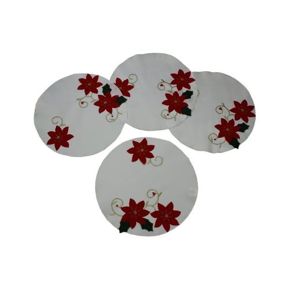 Holiday Christmas Decorative Red Poinsettias With Embroidered Design Runner