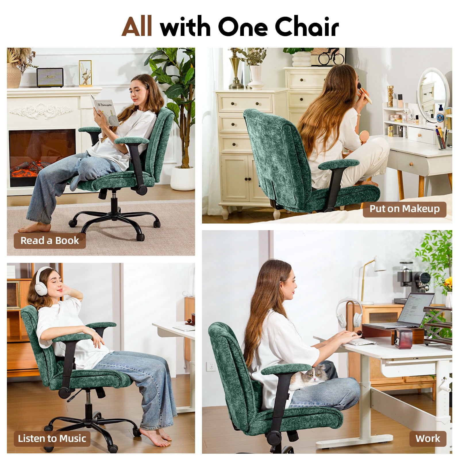 zzw Chenille Home Office Criss Cross Chair with Flip Arms, Lumbar Support and Wheels, Green
