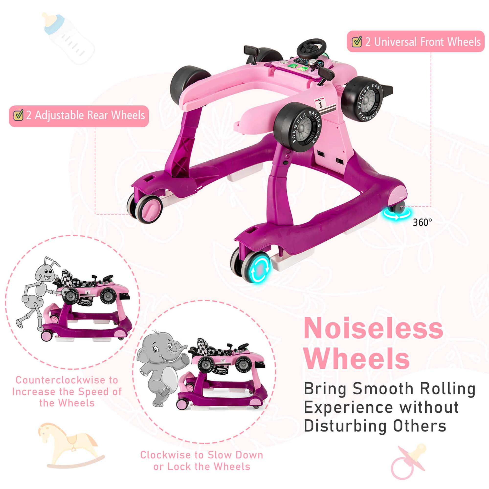 Costway 4-in-1 Baby Walker Foldable Activity Walker with Adjustable Height & Speed Purple