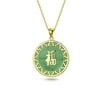 Chinese Fortune Symbol Circle Green Jade Pendant Gold Plated Silver