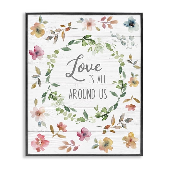 Stupell Industries Shabby Chic Love is Around Us Motivational Spring Phrase Watercolor Flowers Black Framed Giclee Art, 11 x 14, by Carol Robinson