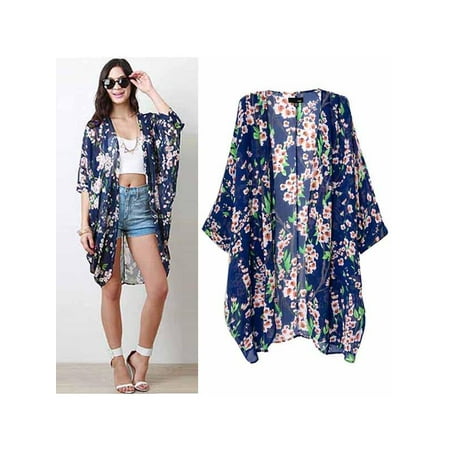Pebble Beach Sweater VICOODA Women Fashion Seaside Kimono Cardigan Floral Printed Long Loose Blouses Top Cover Up Beach Cardigan ()