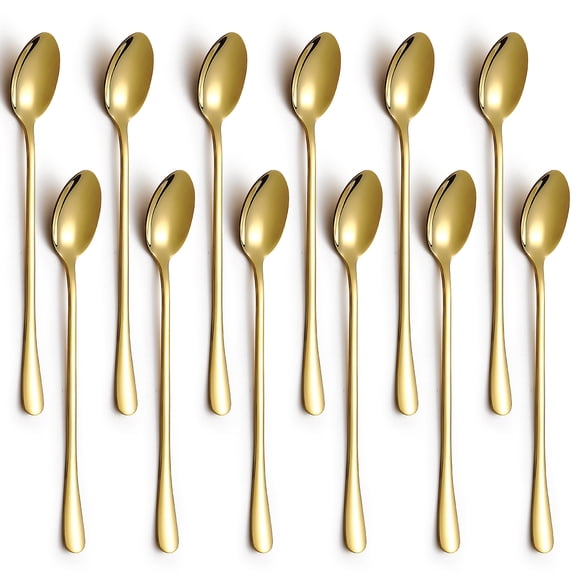 ReaNea Gold Long Handle Iced Tea Spoons 12 Pieces 7.87", Titanium Gold Plating Stainless Steel Coffee Spoon, Ice Cream Spoons, Latte Spoon for Mothers Milks Tea Mixing Cocktail Stirring Milkshake