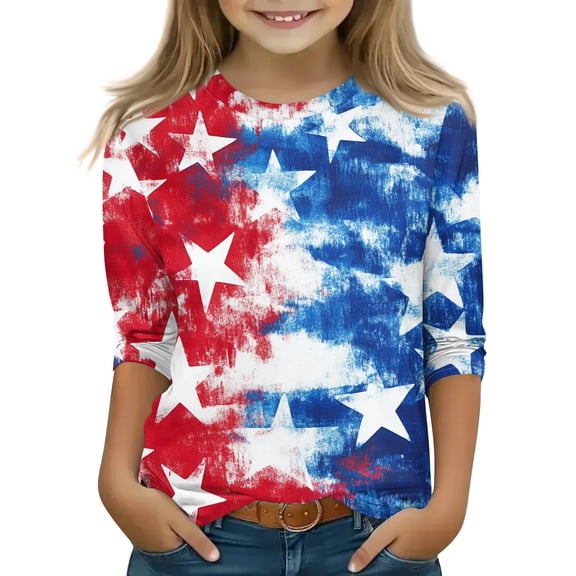 YOUYEDIAN 3/4 Sleeve Shirts for Teen Girls 2026 New Floral Print Tops Crewneck T Shirt Cute Tees Light Blue 11-12 Years