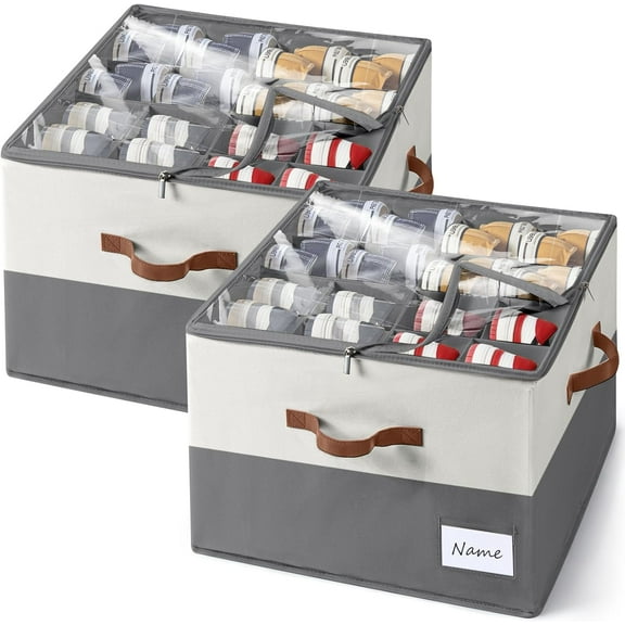 Shoe Organizer for Closet, Fits Up to 16 Pairs, Large Shoe Box Storage Container with Clear Cover, with Adjustable Dividers for Shoe Storage Bins,Space-Saving Shoe Bins (Beige and grey)