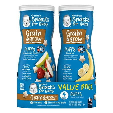 UPC: 0015000937584 | Gerber Snacks for Baby Grain & Grow Puffs Banana & Apple Strawberry Variety Pack 1.48 oz Canister (4 Pack)