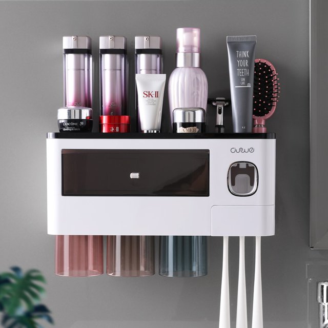 Estante para Baño con Dispensador Automático de Pasta de Dientes, Portacepillos de Dientes Invertido con Soporte Magnético, con Exprimidor y Repisa para Almacenar Accesorios