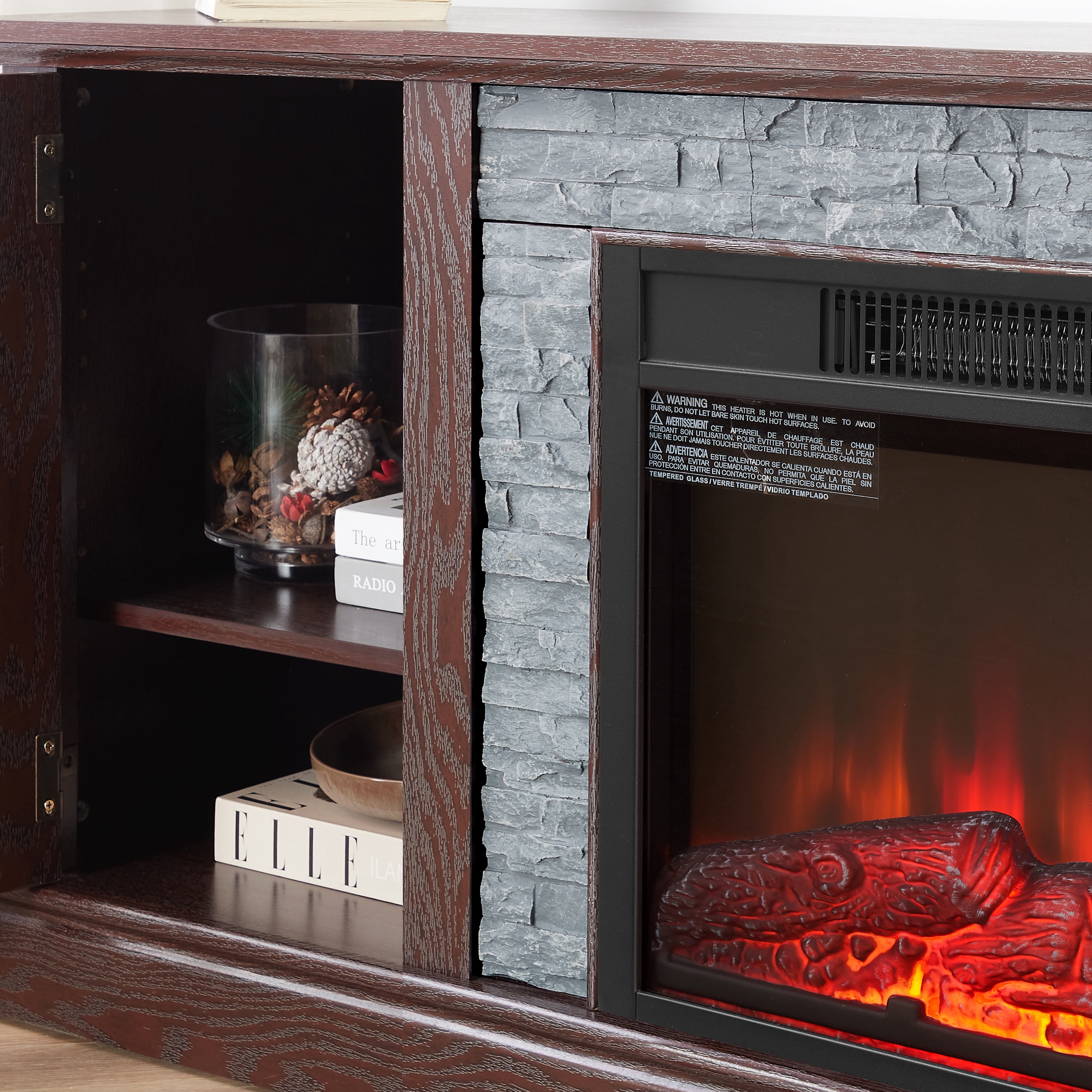 Fireplace TV Stand for TVs up to 65", Paproos Farmhouse TV Stand with 18" Electric Fireplace, Entertainment Center Televison Console Table with Realistic Stacked Stone & Adjustable Shelves, Cherry