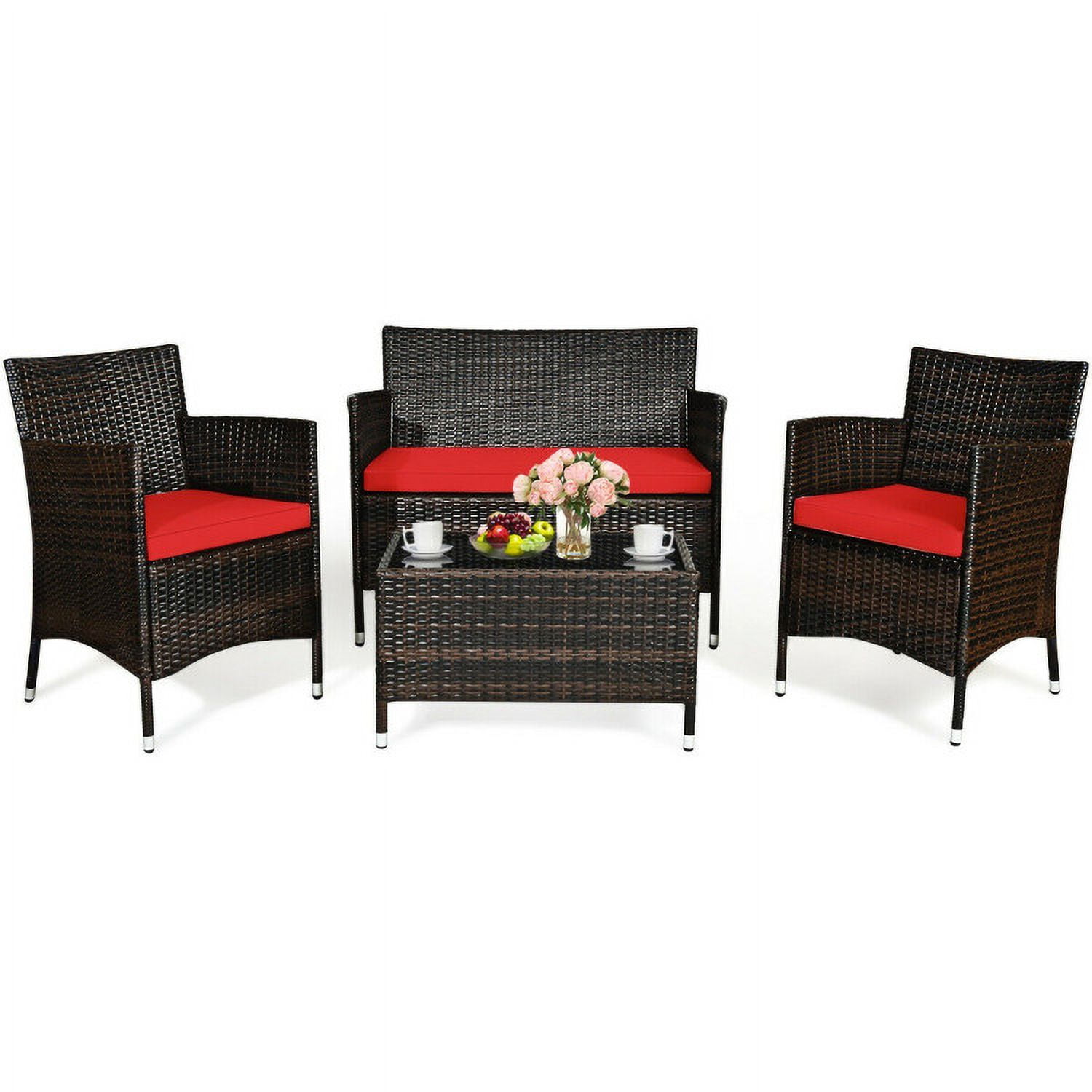 Aimee Lii 4 Pieces Patio Cushioned Wicker Conversation Set, Outdoor Sectional Set with with Glass Coffee Table, Red