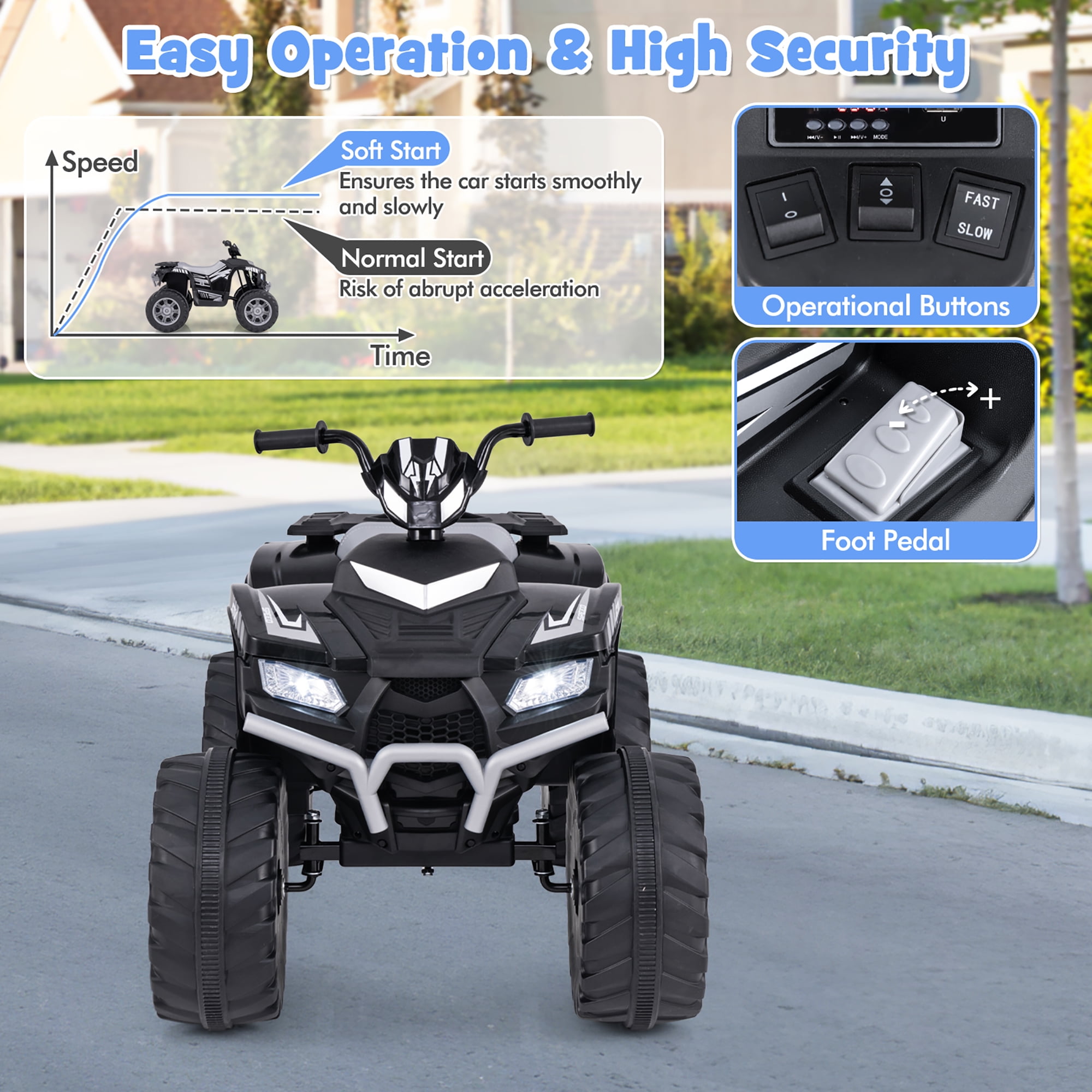 Gymax Kids Ride-On ATV 24V Battery Powered Electric Vehicle w/ Wireless Connection Music Radio Black