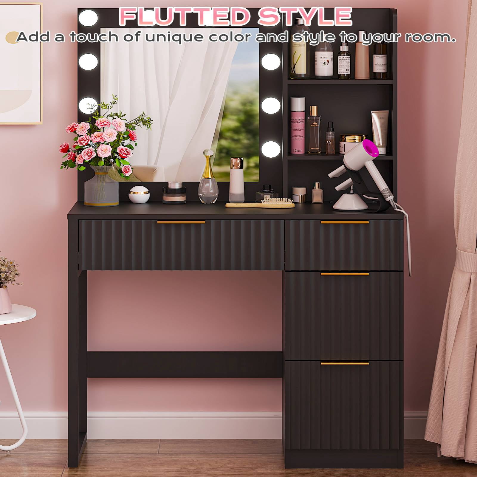 Ktaxon Lighted Makeup Vanity Table, White Dressing Desk with Charging Station, Black