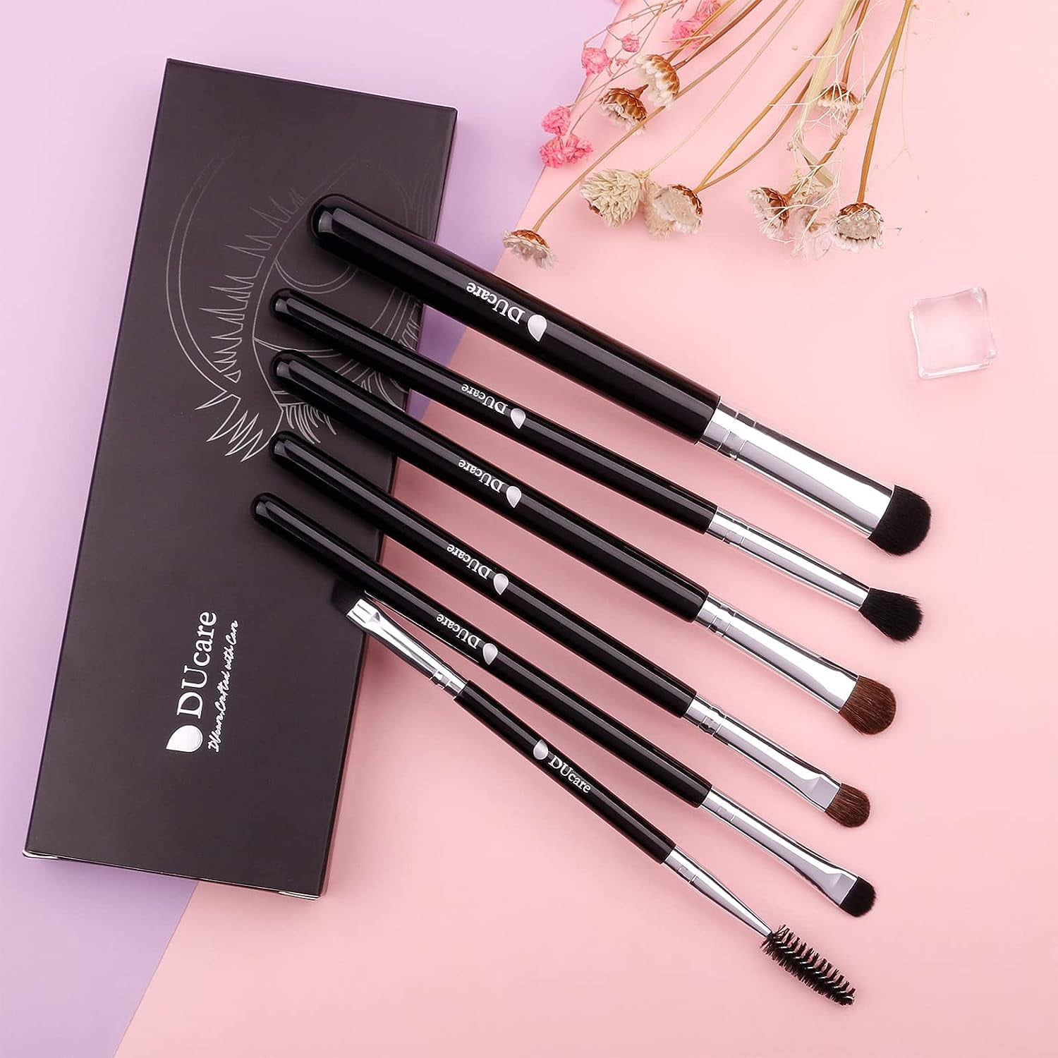 DUcare 6 Piece Angled Eyeshadow and Eyebrow Makeup Brush Set, Synthetic Hair, Black