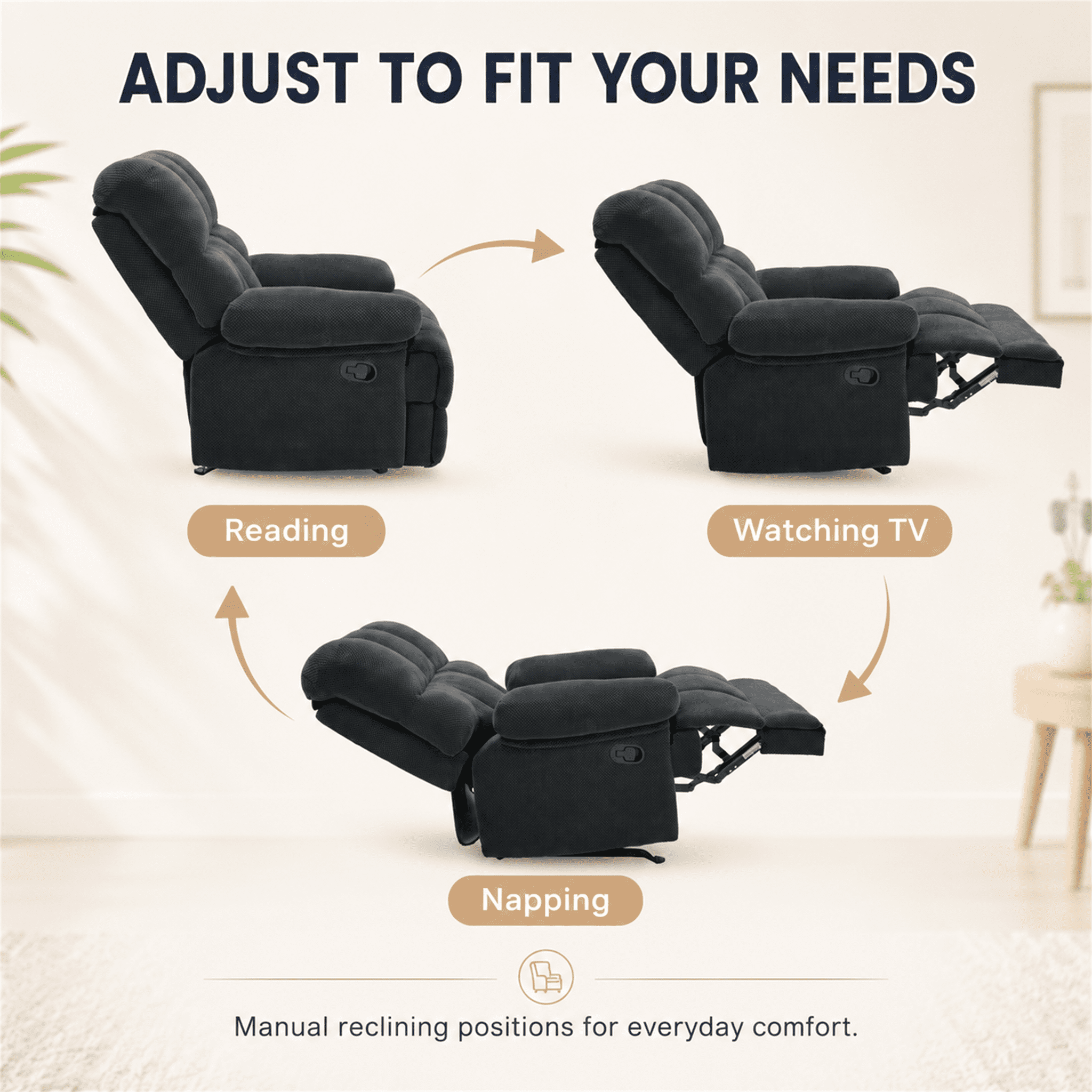 Homy Casa Rocking Recliner Chair, Manual Fabric Recliner with Footrest for Living Room, Dark Gray