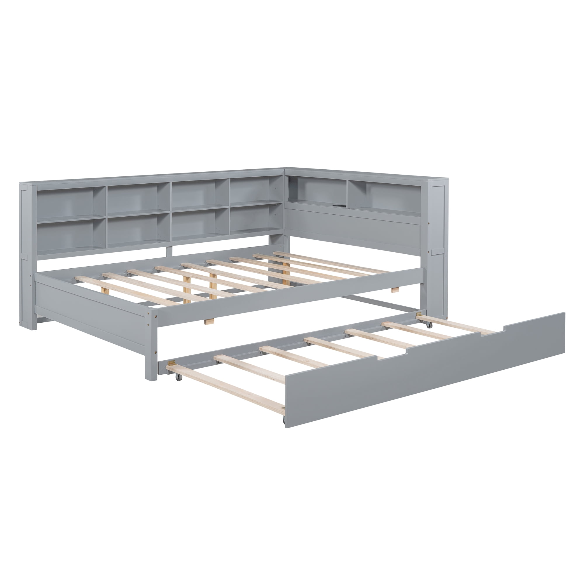 Mintazer Modern Full Daybed Frame with Twin Trundle, Charging Station & Shelves for Bedroom, Grey