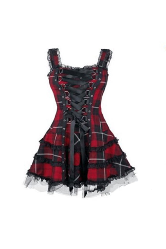 Women's Lace Trim Plaid Sleeveless Lace-Up Corset A-Line Mini Dress Gothic Short Dress Club Party Cocktail Dresses Halloween Steampunk Clubwear