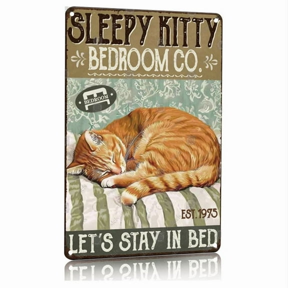 Vintage Sleeping Cat Metal Sign 8x12 Inch Funny Kitty Wall Art Decor Aluminum Plaque for Home Bedroom Cafe Bar Garage Diner Man Cave Retro Let's Stay iBed Theme