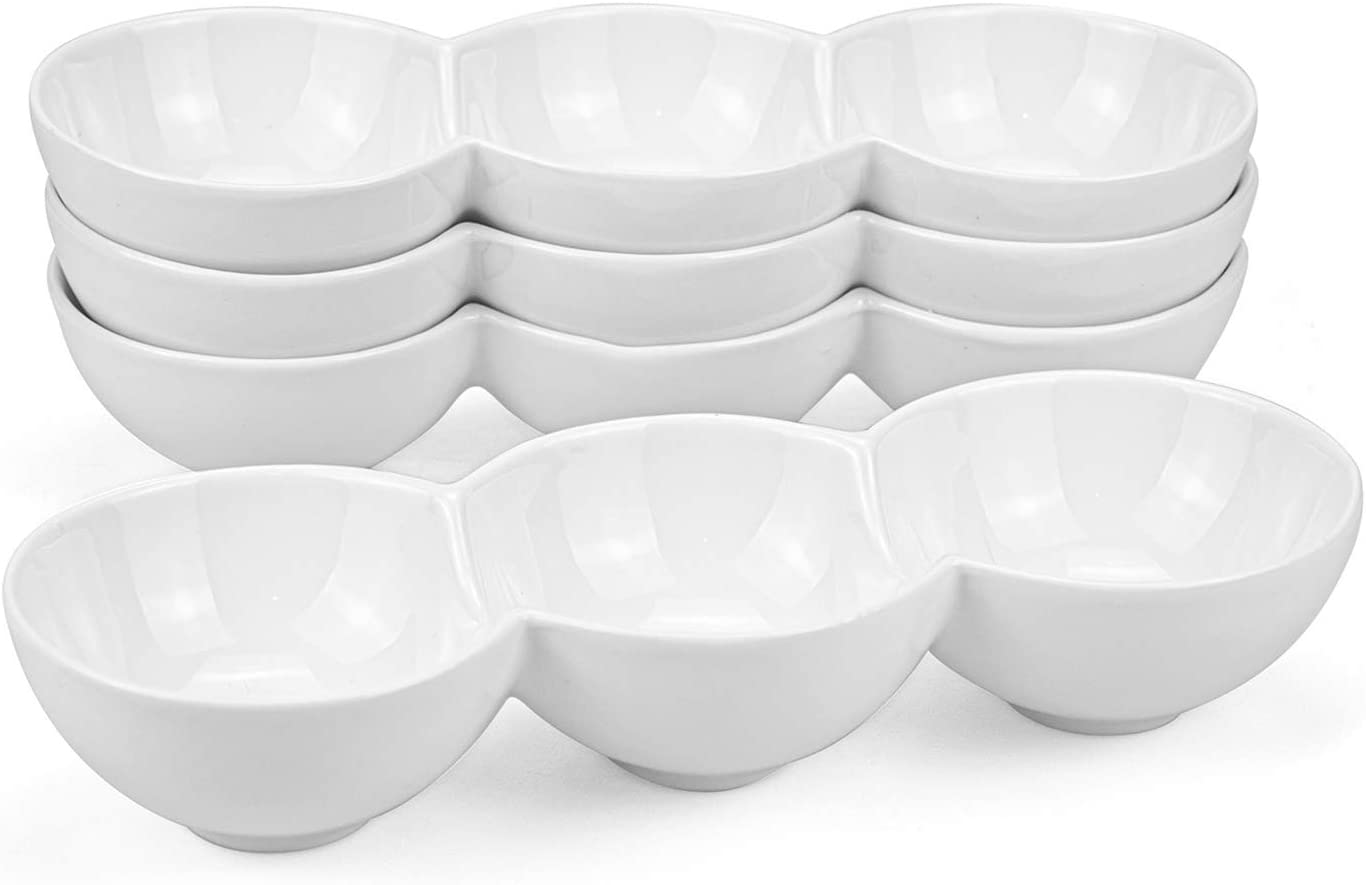 HTAIGUO 3-Compartment Porcelain Appetizer Serving Tray Set of White 10  Oz Triplet Bowl, Bowl Set, Perfect for Snacks  Dips