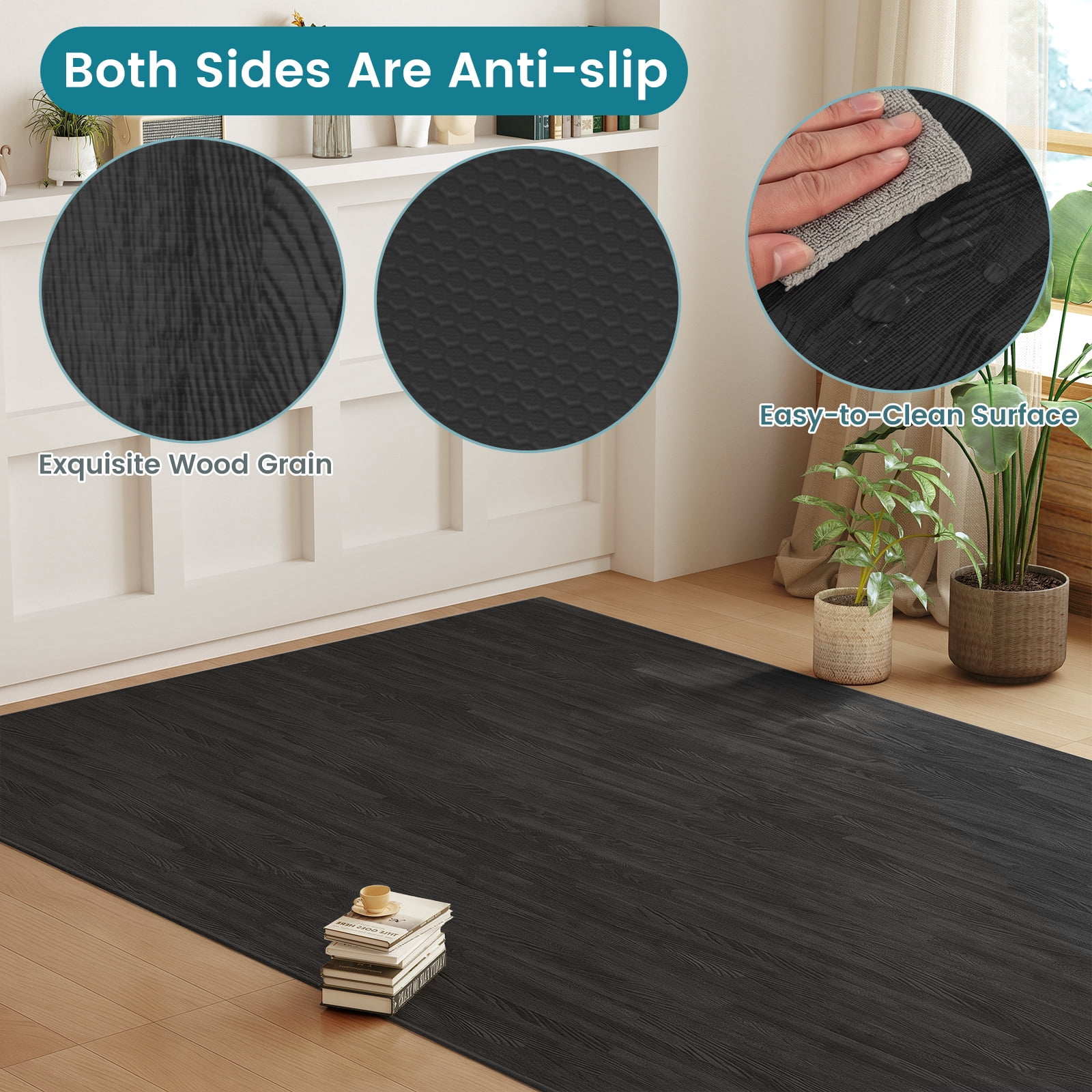 Gymax 100 Sq. Ft. Wood Grain Puzzle Mats 25-Pack EVA Foam Interlocking Floor Tiles Black