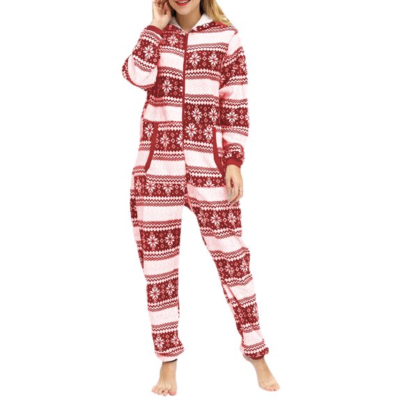 Gupgi Female Deer/ Snowflake Print Long Sleeve Hooded Jumpsuit with Zipper