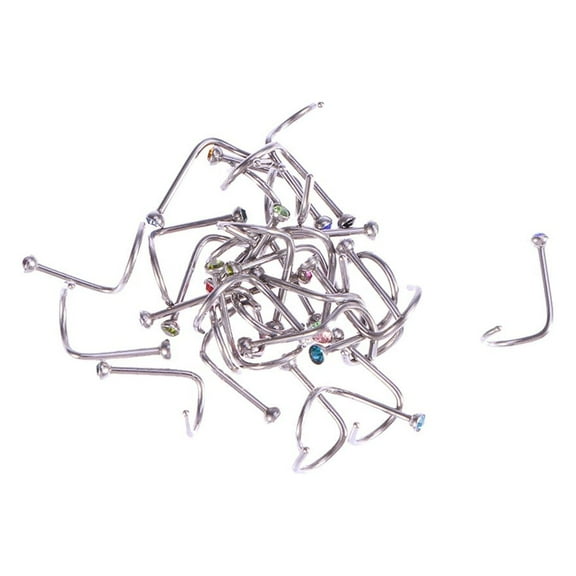 Quqiuxian 30pcs Stainless Steel Rhinestone Decorated Nose Rings Nose Studs Bone Screw Nose Gems (Random Color)