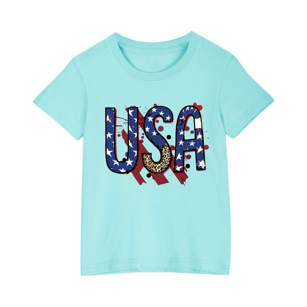 Vestido Corto de Verano Niños Niños Niñas Camiseta de Algodón Cuello Redondo Lindo Día de la Independencia Imprimir Top