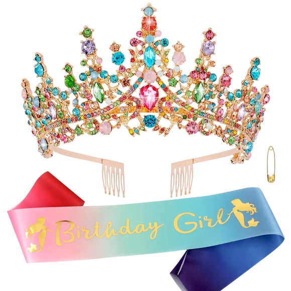 ATODEN Tiara de cumpleaños para niña, corona de reina, tiaras y coronas para mujeres y niñas, tiara de princesa de cristal multicolor, diademas con diamantes de imitación, corona de quinceañera, decor