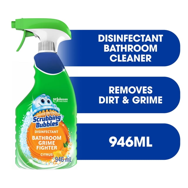 Scrubbing Bubbles® Bathroom Cleaner and Disinfectant Spray, 946mL green spray bottle with citrus scent, disinfectant bathroom grime fighter that kills 99.99% of germs and removes dirt and grime from tubs, shower walls, and tiles.